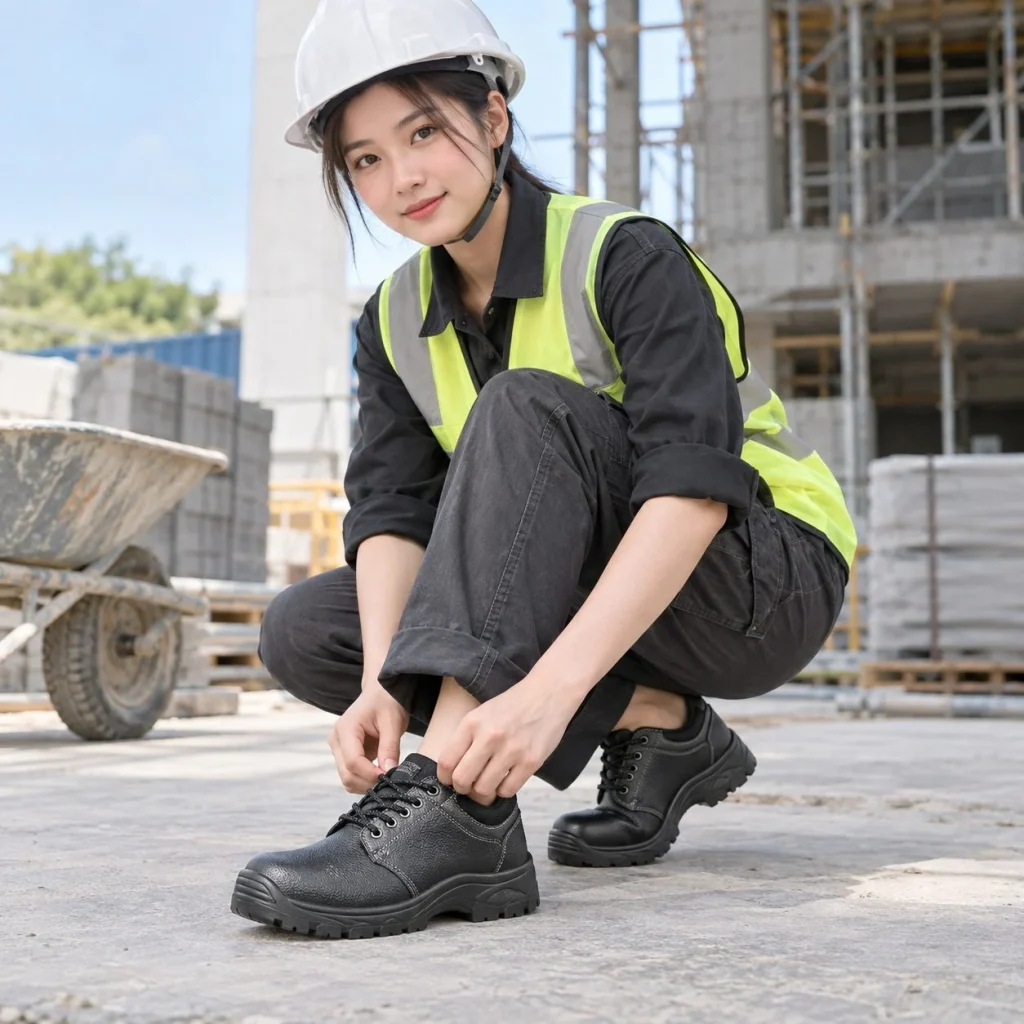 Giày bảo hộ cổ thấp đế liền khối da tổng hợp màu đen chống đinh trong bối cảnh sử dụng thực tế