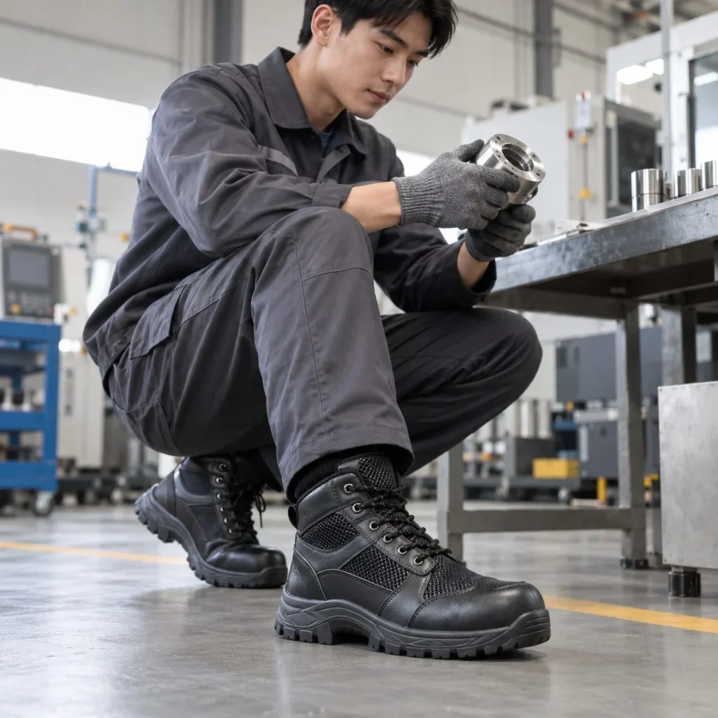 Giày bảo hộ cổ cao phối lưới thoáng da tổng hợp màu đen chống đinh trong bối cảnh sử dụng thực tế