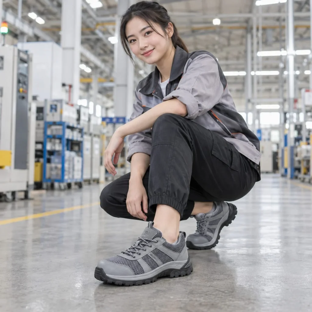 Giày bảo hộ dáng thể thao phối lưới thoáng da tổng hợp màu xám chống trượt trong bối cảnh sử dụng thực tế