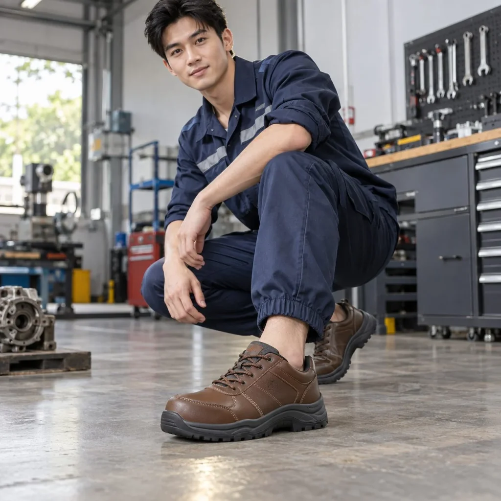 Giày bảo hộ dáng thể thao đế liền khối da microfiber màu nâu chịu dầu trong bối cảnh sử dụng thực tế