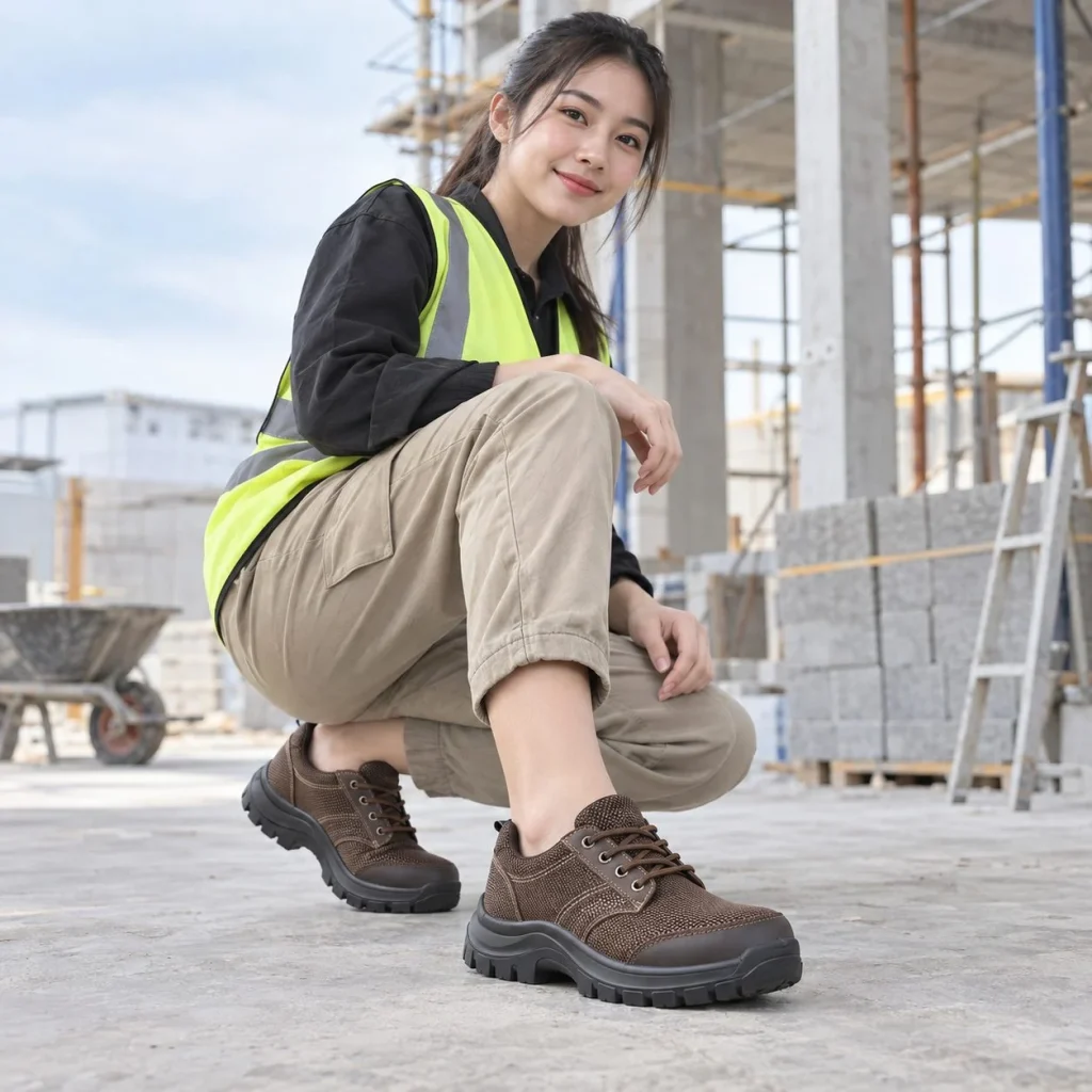Giày bảo hộ cổ thấp đế liền khối vải kỹ thuật màu nâu chống đinh trong bối cảnh sử dụng thực tế