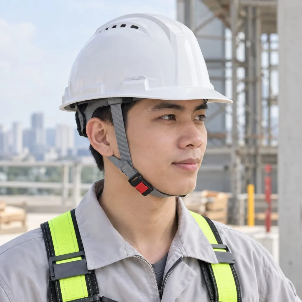 Mũ bảo hộ có khe thoáng khóa gài nhanh composite nhẹ màu trắng làm việc trên cao trong bối cảnh sử dụng thực tế