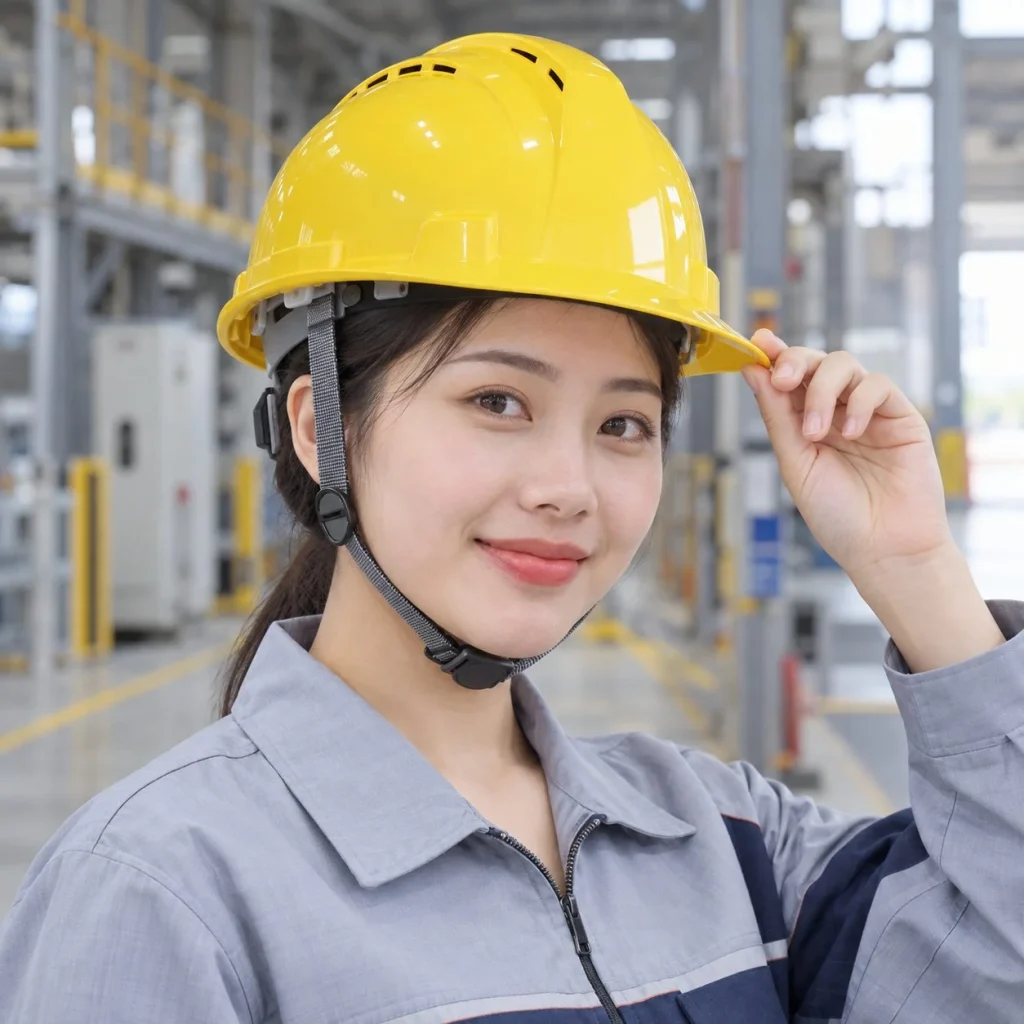Mũ bảo hộ có khe thoáng lòng mũ sáu điểm nhựa HDPE màu vàng làm việc trên cao trong bối cảnh sử dụng thực tế
