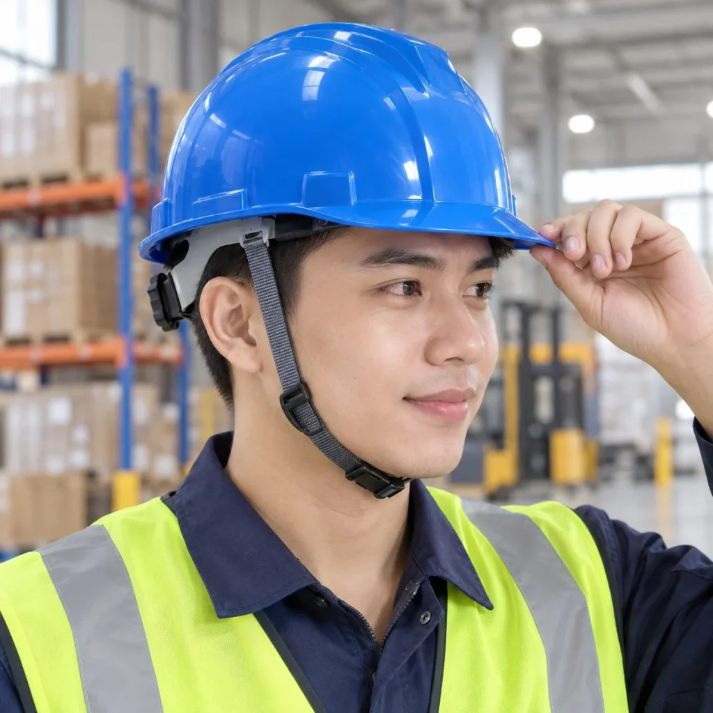 Mũ bảo hộ vành ngắn núm vặn điều chỉnh composite nhẹ màu xanh dương cho công trường trong bối cảnh sử dụng thực tế