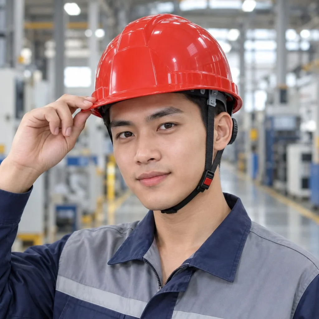 Mũ bảo hộ vành ngắn núm vặn điều chỉnh composite nhẹ màu đỏ cho công trường trong bối cảnh sử dụng thực tế