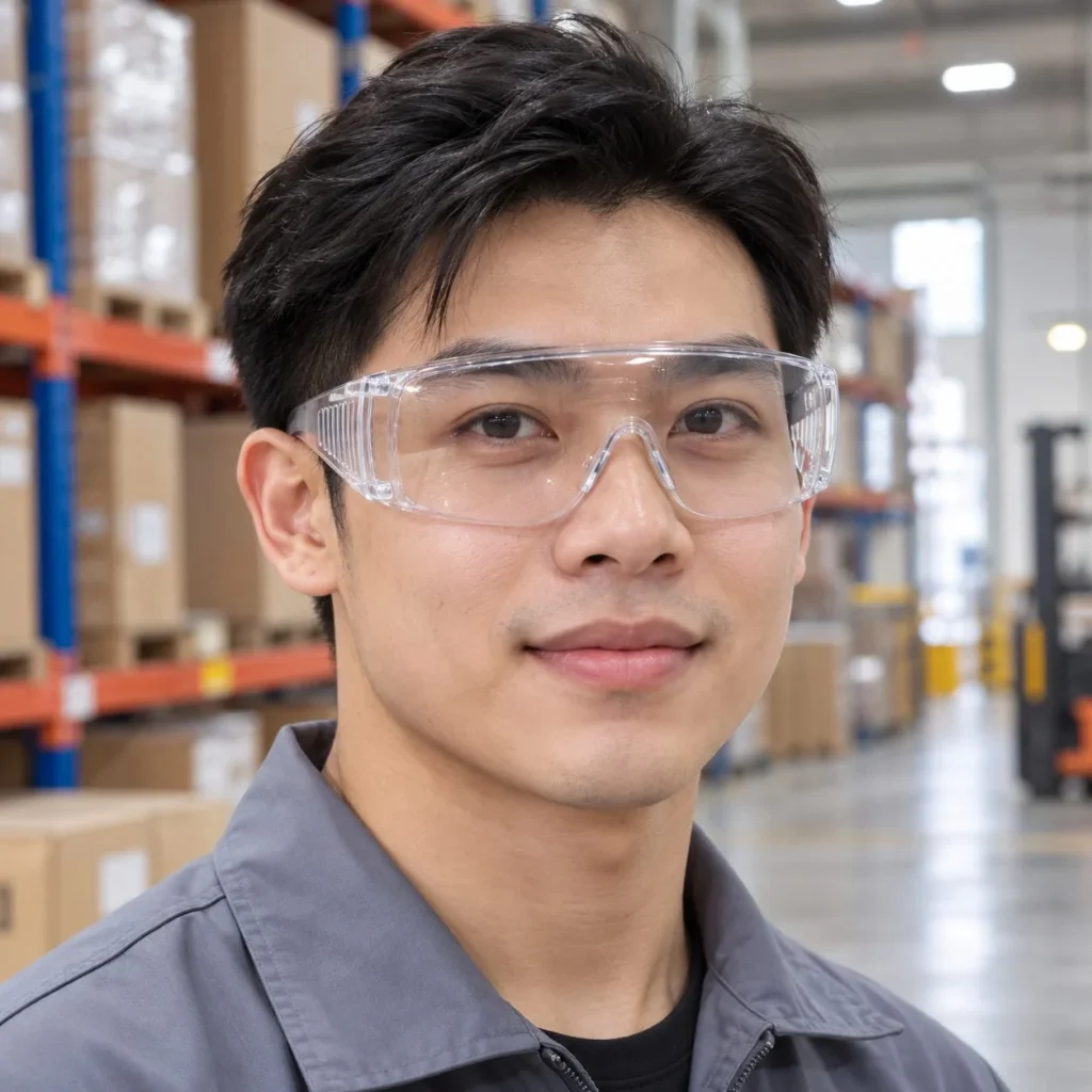 Kính bảo hộ ôm sát tròng liền polycarbonate màu trong suốt chống bụi trong bối cảnh sử dụng thực tế