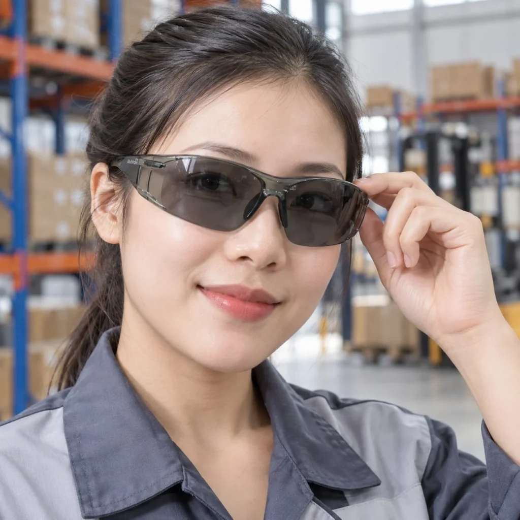 Kính bảo hộ ôm sát gọng mềm tròng phủ chống xước màu xám khói chống bụi trong bối cảnh sử dụng thực tế