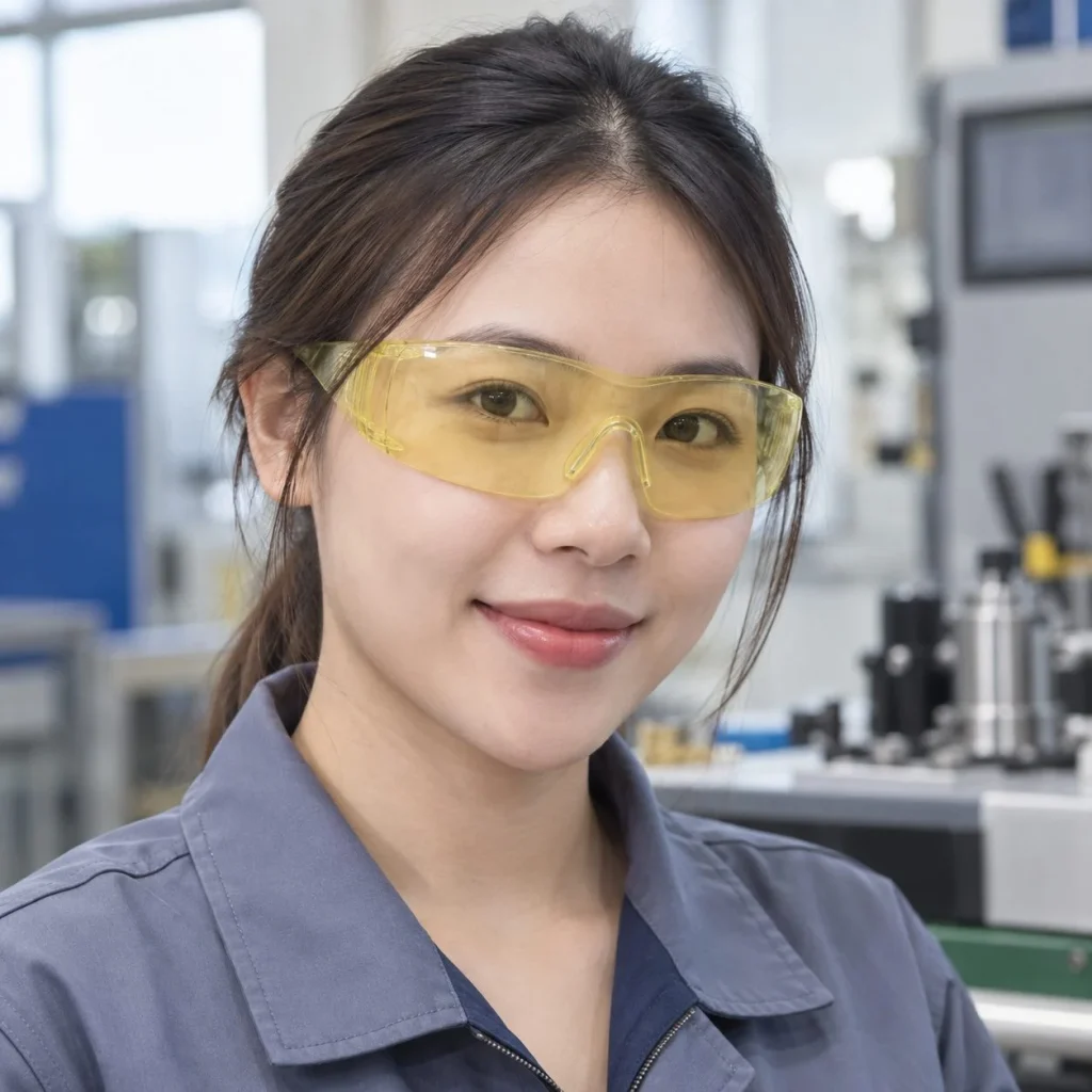 Kính bảo hộ gọng nhẹ tròng liền polycarbonate màu vàng nhạt chống tia UV trong bối cảnh sử dụng thực tế