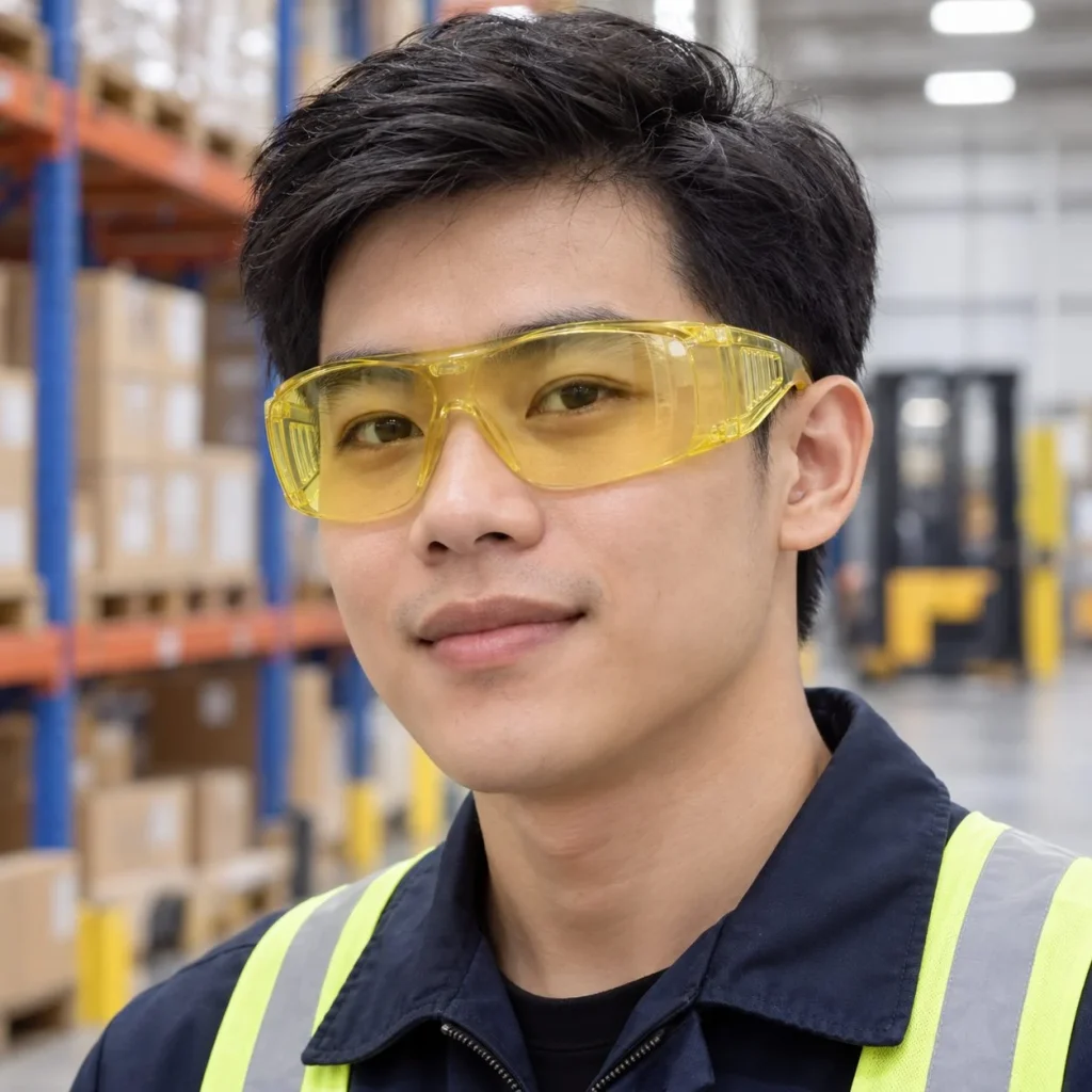 Kính bảo hộ phủ kín gọng mềm polycarbonate màu vàng nhạt chống văng bắn trong bối cảnh sử dụng thực tế