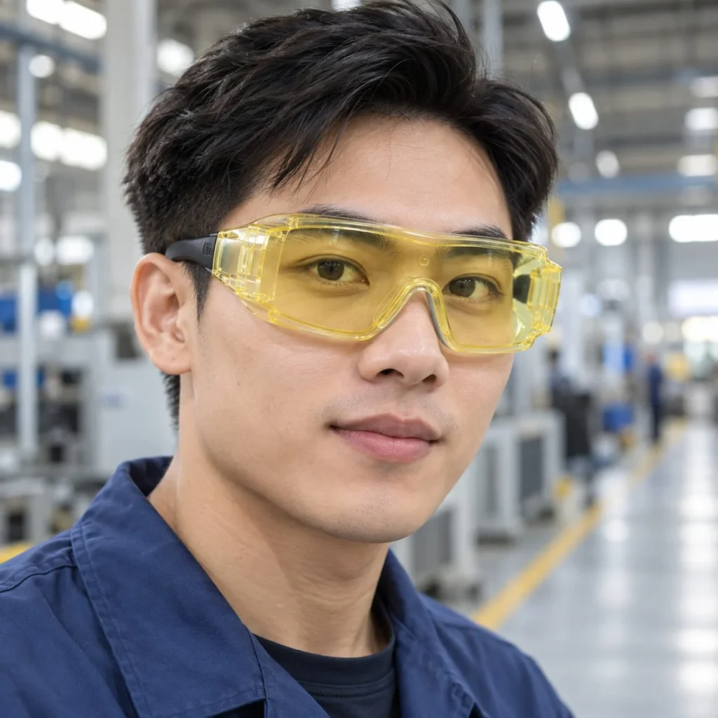 Kính bảo hộ gọng nhẹ đệm viền kín nhựa quang học màu vàng nhạt chống tia UV trong bối cảnh sử dụng thực tế