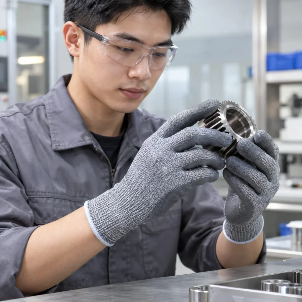 Găng tay bảo hộ ôm tay dệt liền mạch sợi HPPE màu xám chống hóa chất trong bối cảnh sử dụng thực tế