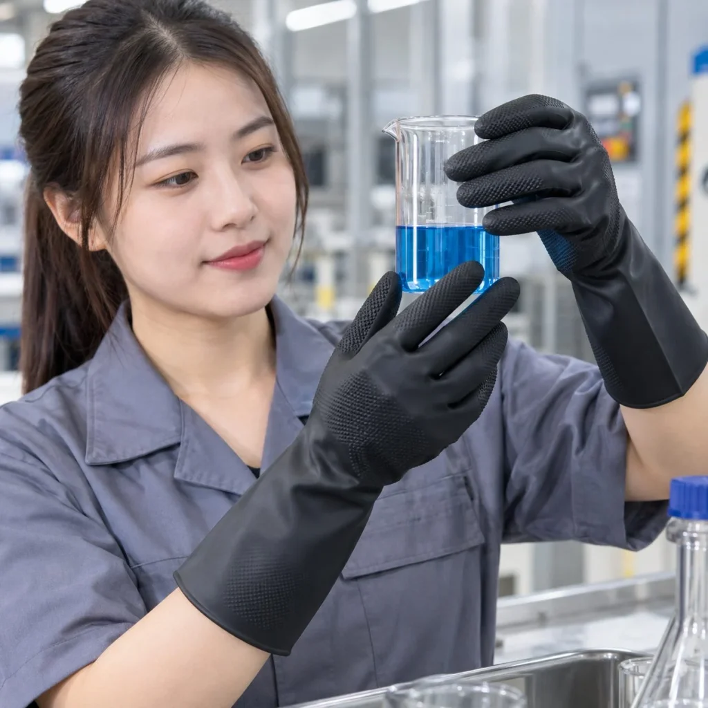 Găng tay bảo hộ ôm tay bề mặt nhám tăng bám cao su nitrile màu đen chống hóa chất trong bối cảnh sử dụng thực tế
