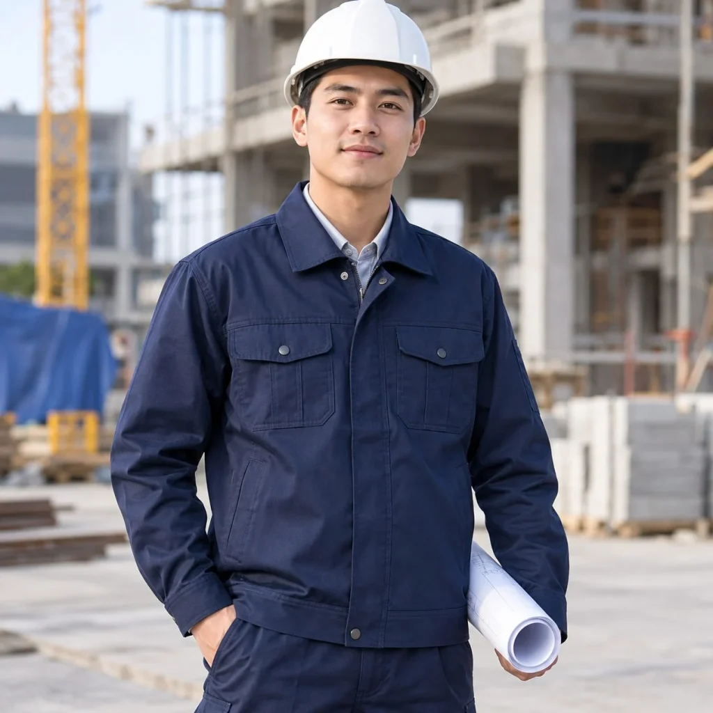 Áo khoác bảo hộ dáng kỹ sư vải kaki màu xanh navy cho công trường trong bối cảnh sử dụng thực tế