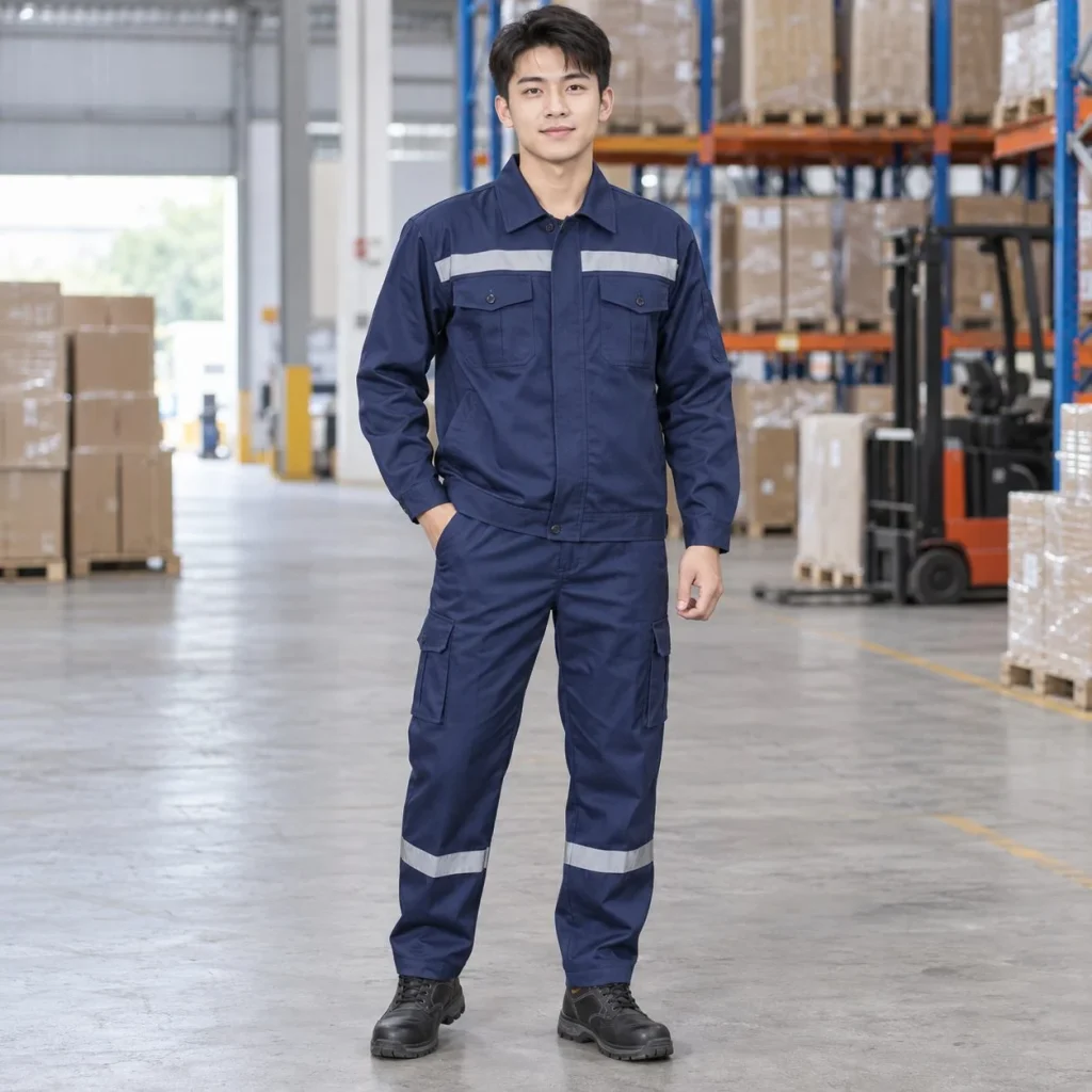 Bộ quần áo bảo hộ phối phản quang cotton pha màu xanh navy cho nhà máy trong bối cảnh sử dụng thực tế