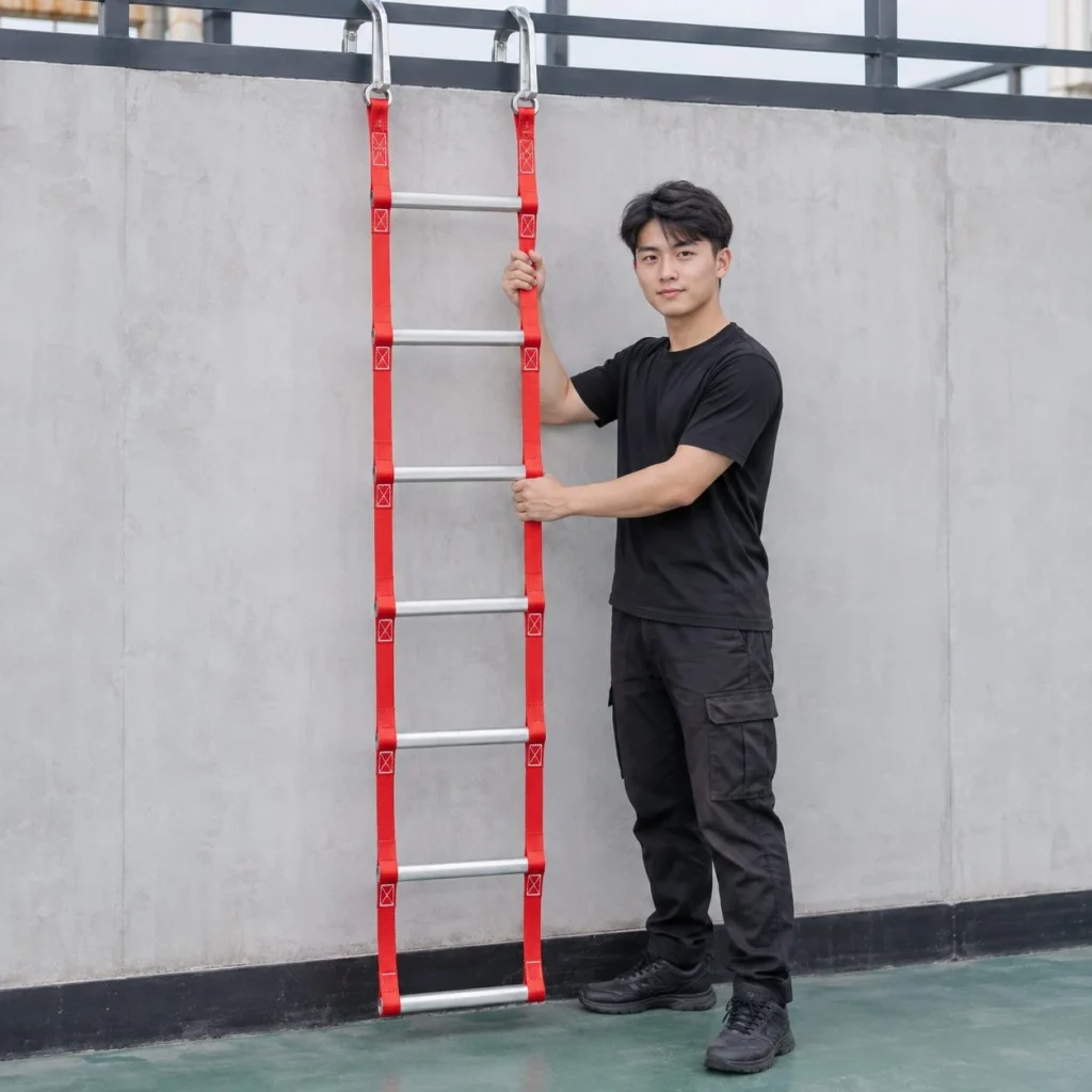 Thang dây thoát hiểm móc thép bản rộng dây polyester cường lực màu đỏ cho nhà phố trong bối cảnh sử dụng thực tế