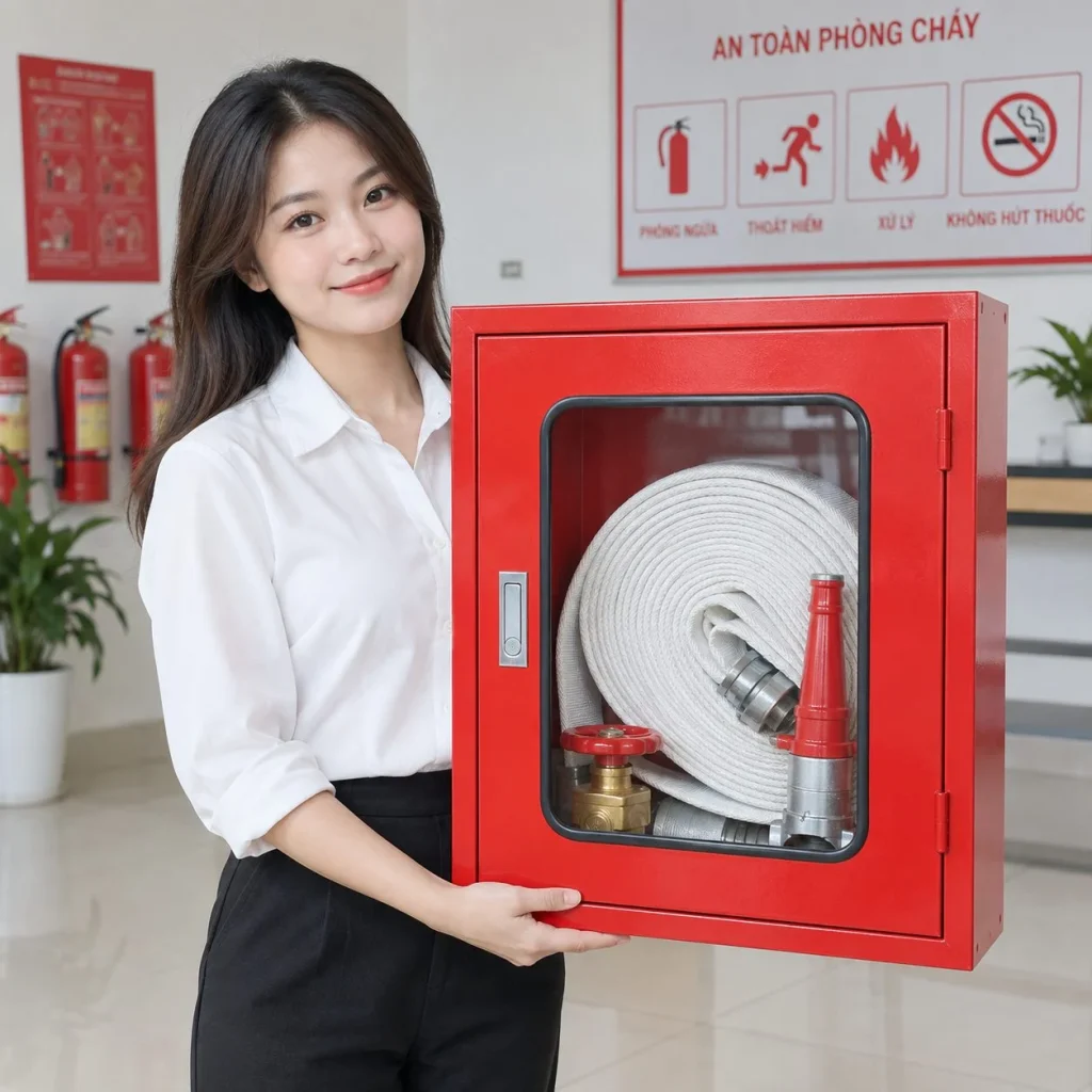 Biển báo phòng cháy thiết kế gọn thép sơn tĩnh điện màu đỏ cho văn phòng trong bối cảnh sử dụng thực tế