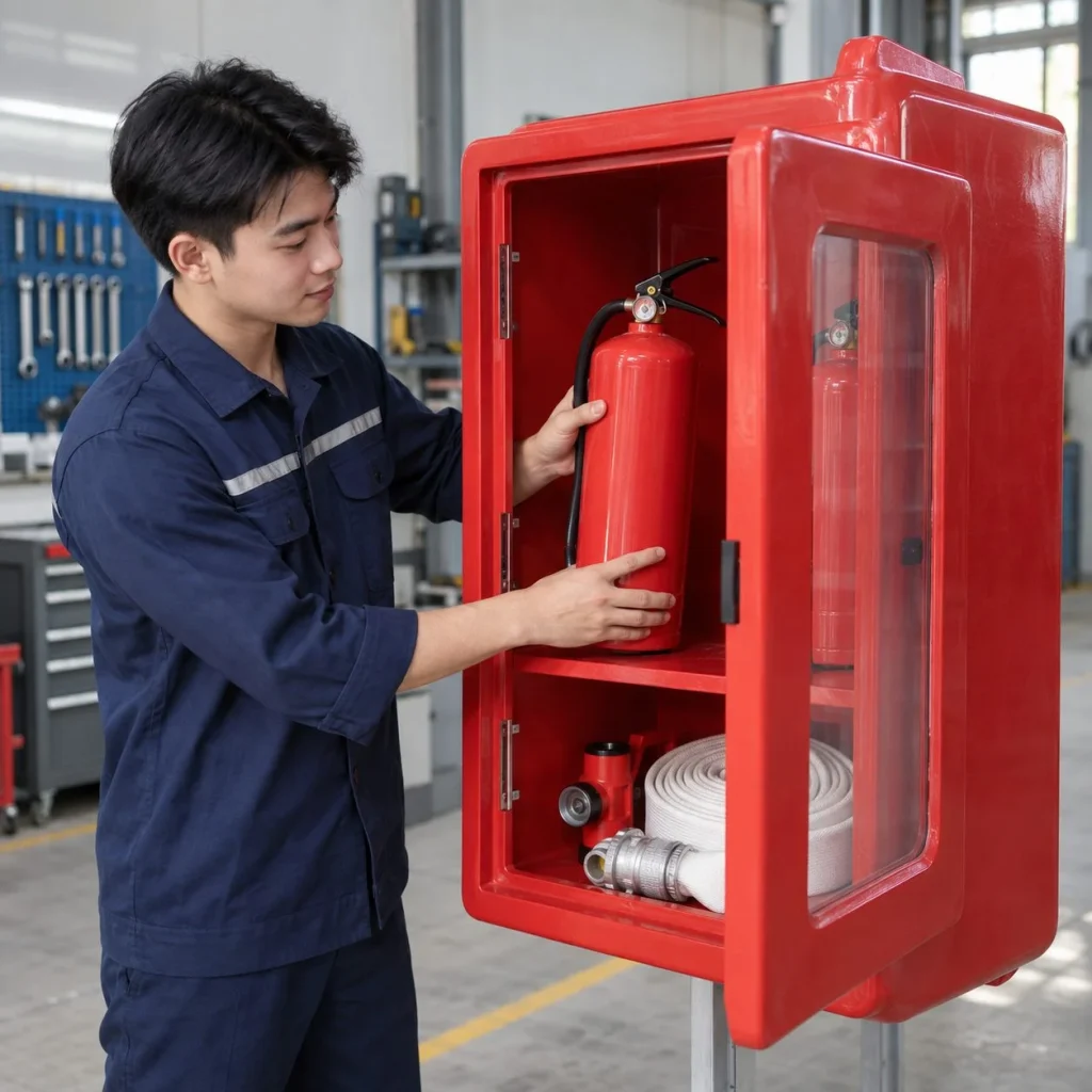Tủ đựng thiết bị chữa cháy dễ nhận diện sợi thủy tinh màu đỏ cho văn phòng trong bối cảnh sử dụng thực tế