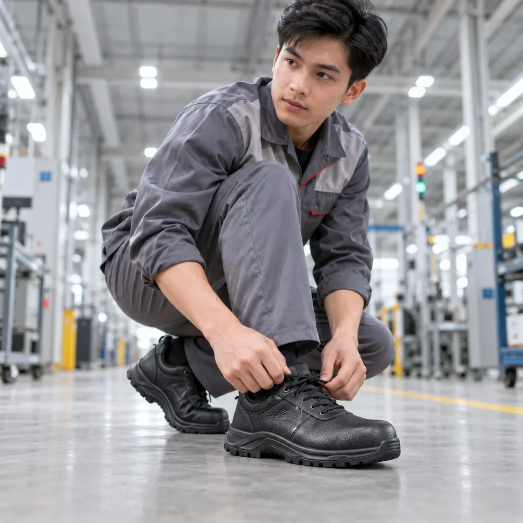 Giày bảo hộ dáng thể thao đế liền khối da microfiber màu đen chống trượt trên người mẫu Việt Nam
