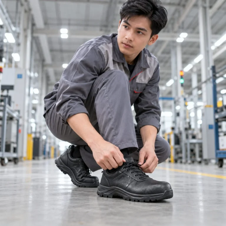 Giày bảo hộ dáng thể thao đế liền khối da microfiber màu đen chống trượt trên người mẫu Việt Nam