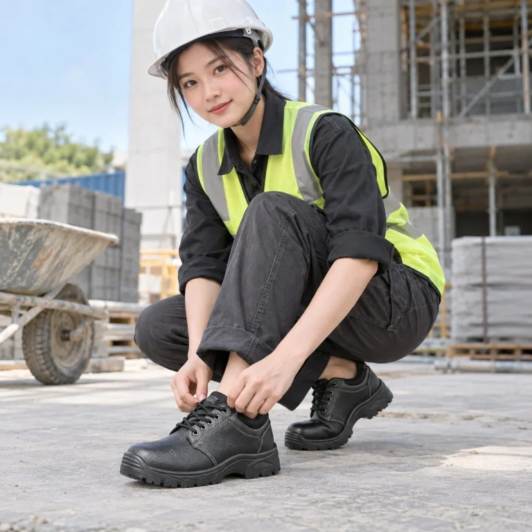 Giày bảo hộ cổ thấp đế liền khối da tổng hợp màu đen chống đinh trên người mẫu Việt Nam
