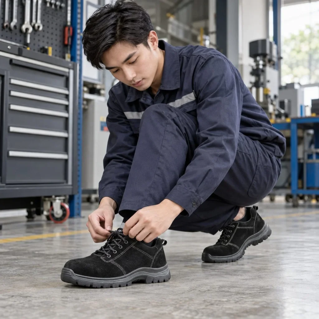 Giày bảo hộ cổ thấp ôm chân da lộn màu đen chống tĩnh điện trên người mẫu Việt Nam