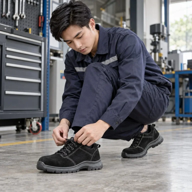 Giày bảo hộ cổ thấp ôm chân da lộn màu đen chống tĩnh điện trên người mẫu Việt Nam