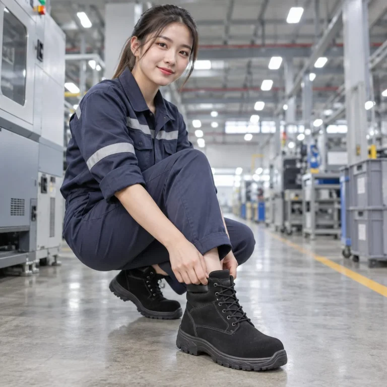 Giày bảo hộ cổ cao ôm chân da lộn màu đen chống tĩnh điện trên người mẫu Việt Nam