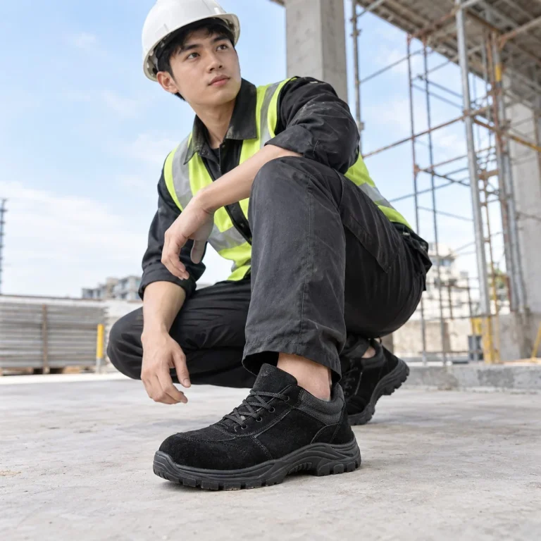 Giày bảo hộ dáng thể thao đế liền khối da lộn màu đen chống tĩnh điện trên người mẫu Việt Nam