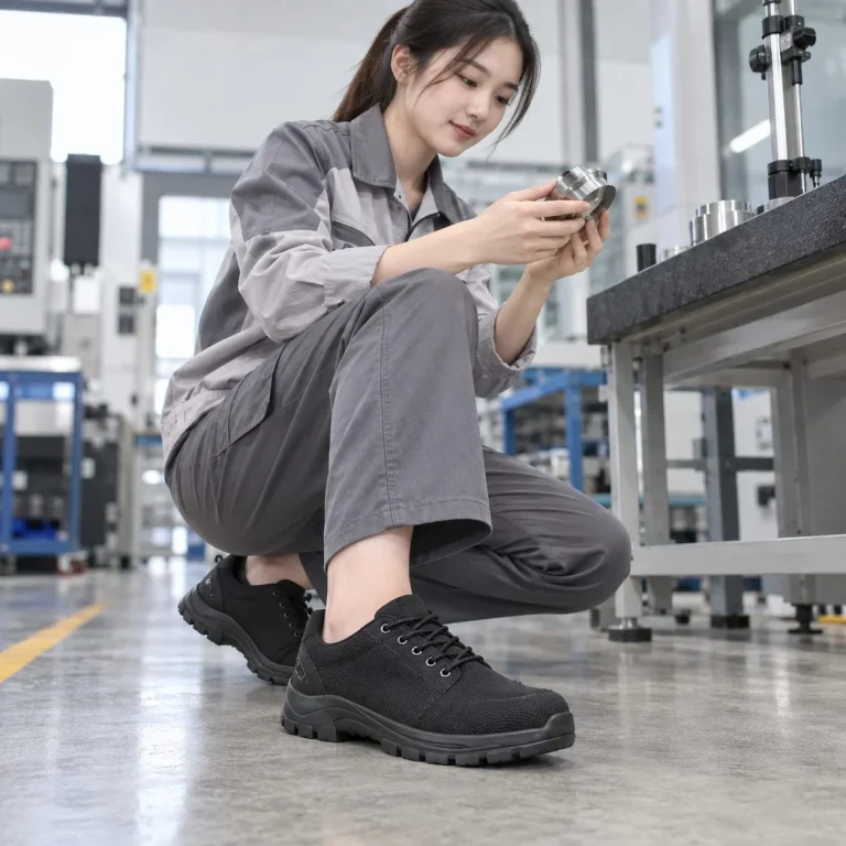 Giày bảo hộ cổ thấp đế liền khối vải kỹ thuật màu đen chịu dầu trên người mẫu Việt Nam
