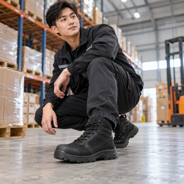 Giày bảo hộ cổ cao phối lưới thoáng vải kỹ thuật màu đen chịu dầu trên người mẫu Việt Nam