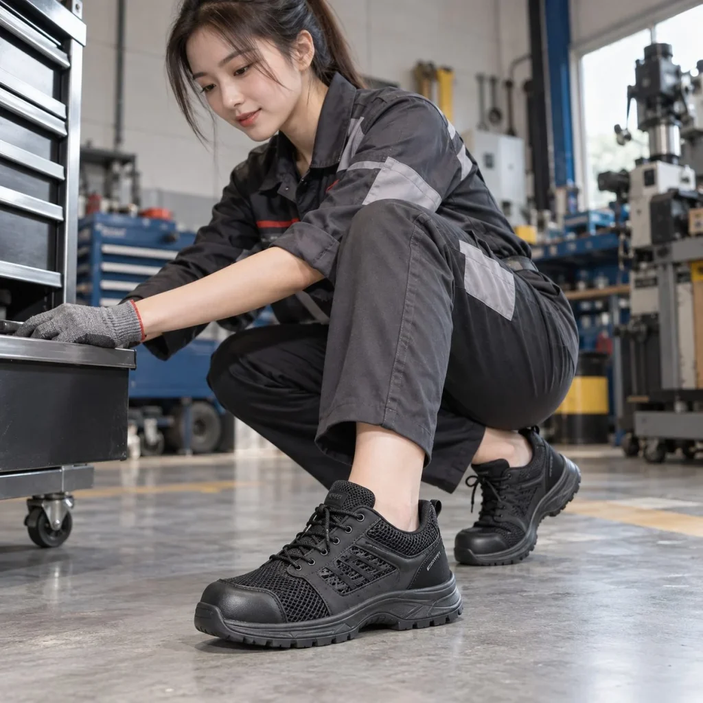 Giày bảo hộ dáng thể thao phối lưới thoáng vải kỹ thuật màu đen chịu dầu trên người mẫu Việt Nam
