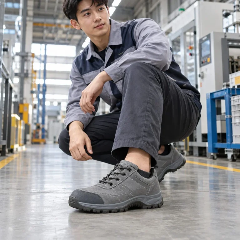 Giày bảo hộ cổ thấp ôm chân da microfiber màu xám đi ca dài trên người mẫu Việt Nam