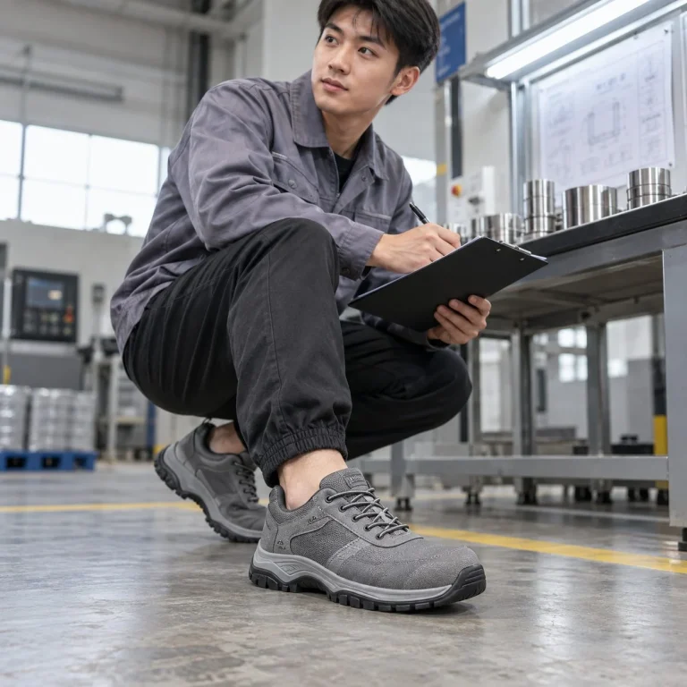Giày bảo hộ dáng thể thao đế liền khối da microfiber màu xám đi ca dài trên người mẫu Việt Nam