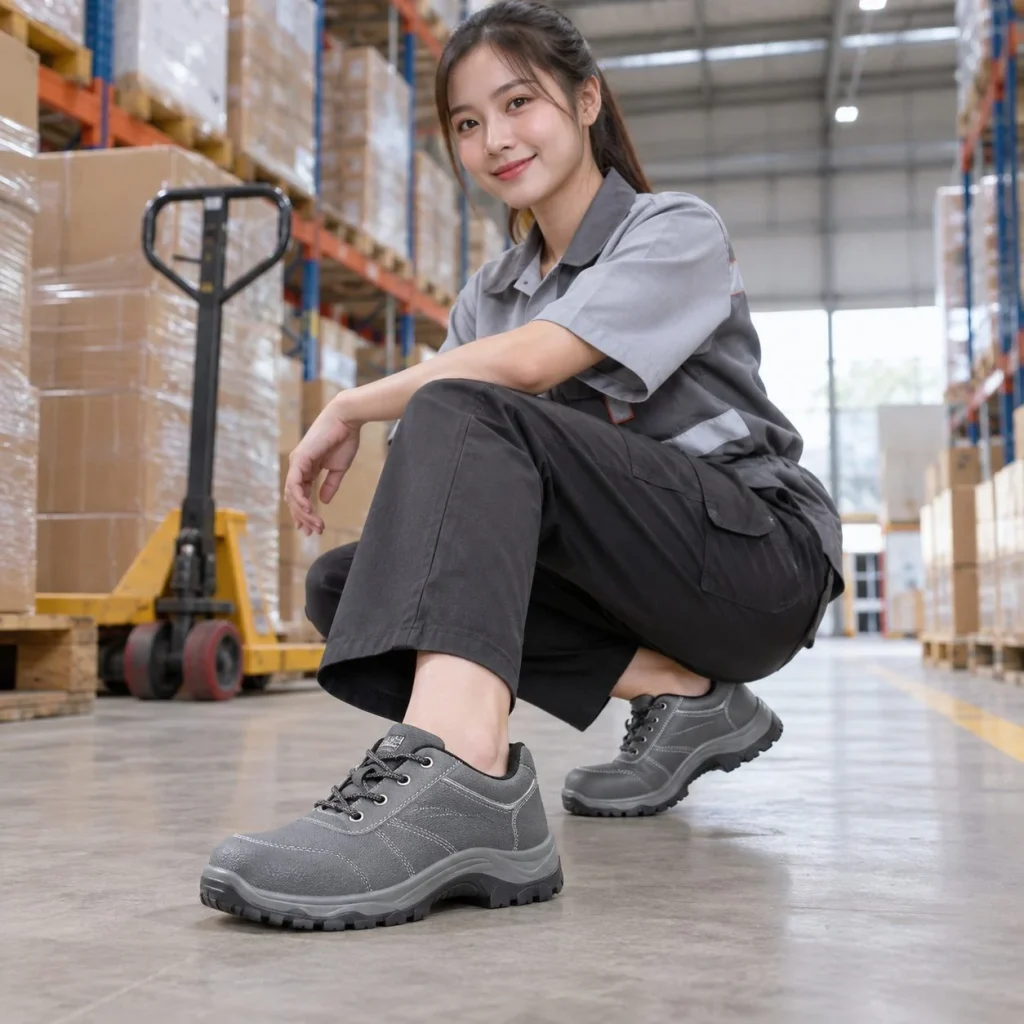 Giày bảo hộ cổ thấp đế liền khối da tổng hợp màu xám chống trượt trên người mẫu Việt Nam