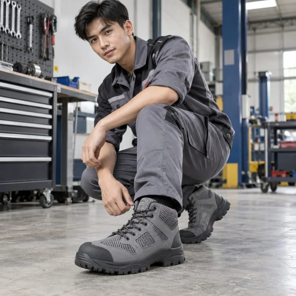 Giày bảo hộ cổ cao phối lưới thoáng da tổng hợp màu xám chống trượt trên người mẫu Việt Nam