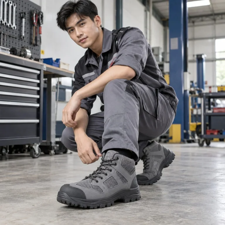 Giày bảo hộ cổ cao phối lưới thoáng da tổng hợp màu xám chống trượt trên người mẫu Việt Nam