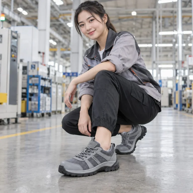 Giày bảo hộ dáng thể thao phối lưới thoáng da tổng hợp màu xám chống trượt trên người mẫu Việt Nam