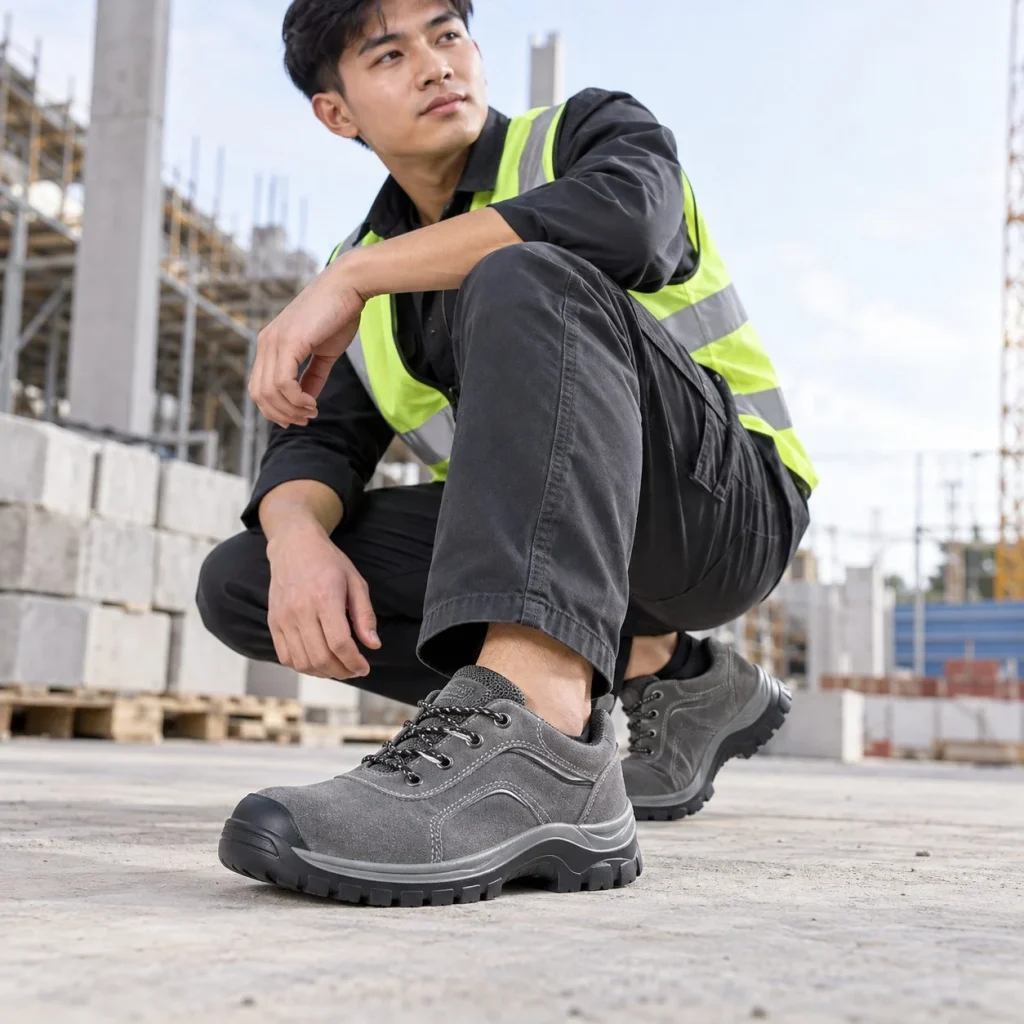 Giày bảo hộ cổ thấp ôm chân da lộn màu xám chống đinh trên người mẫu Việt Nam