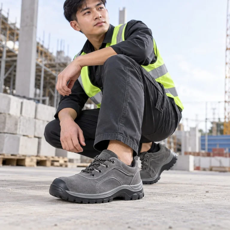 Giày bảo hộ cổ thấp ôm chân da lộn màu xám chống đinh trên người mẫu Việt Nam
