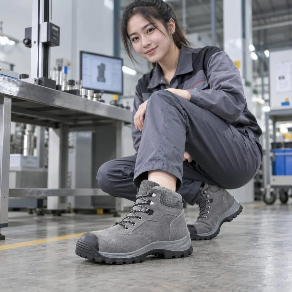 Giày bảo hộ cổ cao ôm chân da lộn màu xám chống đinh trên người mẫu Việt Nam