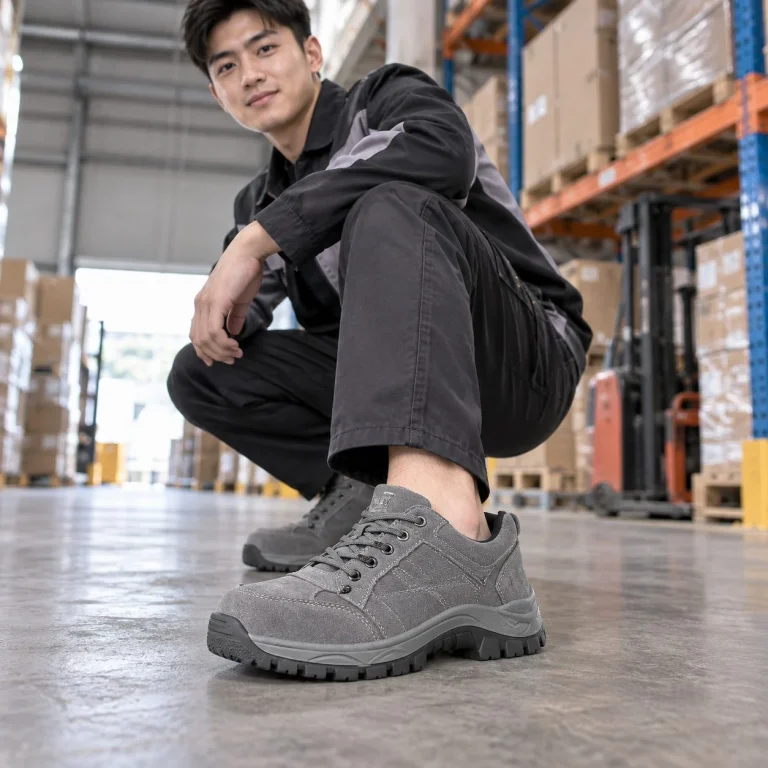 Giày bảo hộ dáng thể thao đế liền khối da lộn màu xám chống đinh trên người mẫu Việt Nam