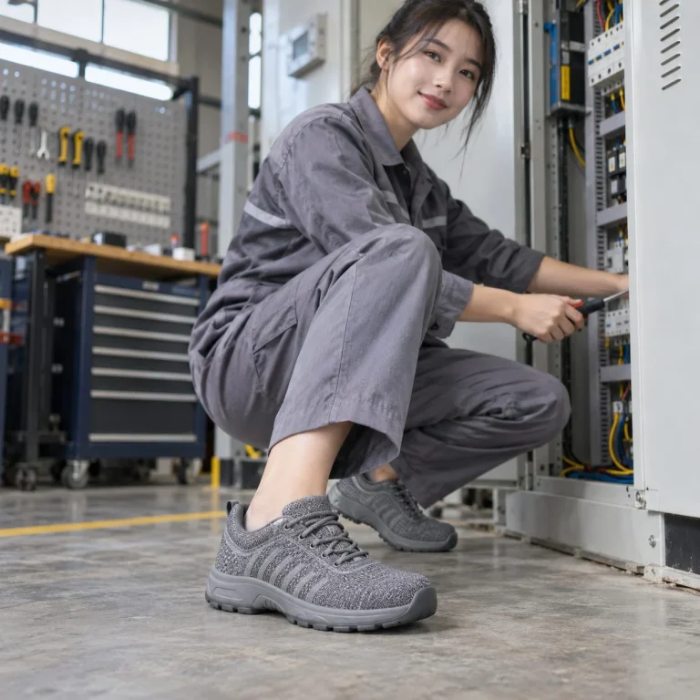 Giày bảo hộ cổ thấp đế liền khối vải kỹ thuật màu xám chống tĩnh điện trên người mẫu Việt Nam