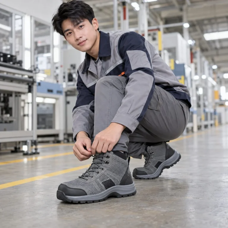 Giày bảo hộ cổ cao phối lưới thoáng vải kỹ thuật màu xám chống tĩnh điện trên người mẫu Việt Nam