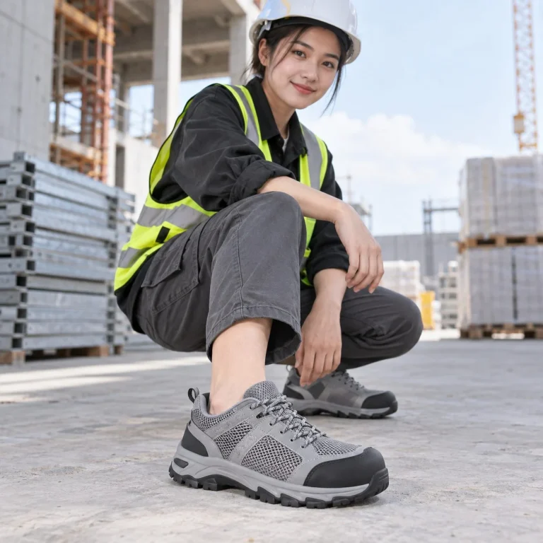 Giày bảo hộ dáng thể thao phối lưới thoáng vải kỹ thuật màu xám chống tĩnh điện trên người mẫu Việt Nam