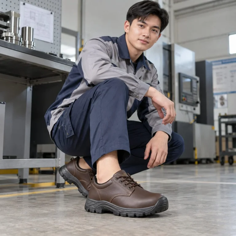 Giày bảo hộ cổ thấp ôm chân da microfiber màu nâu chịu dầu trên người mẫu Việt Nam