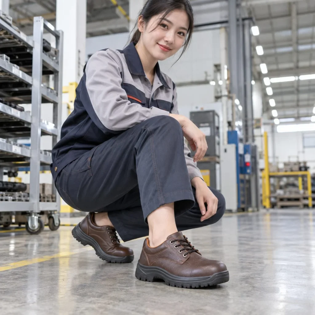 Giày bảo hộ cổ thấp đế liền khối da tổng hợp màu nâu đi ca dài trên người mẫu Việt Nam