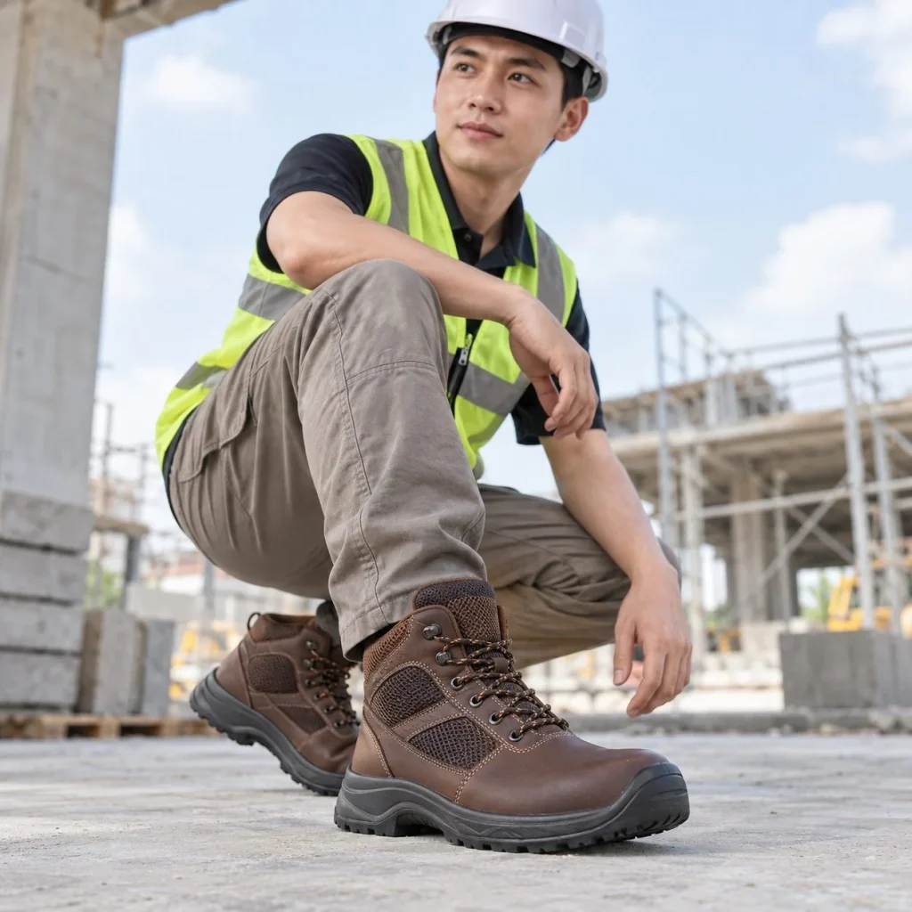 Giày bảo hộ cổ cao phối lưới thoáng da tổng hợp màu nâu đi ca dài trên người mẫu Việt Nam
