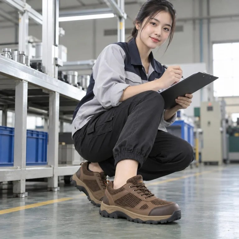 Giày bảo hộ dáng thể thao phối lưới thoáng da tổng hợp màu nâu đi ca dài trên người mẫu Việt Nam