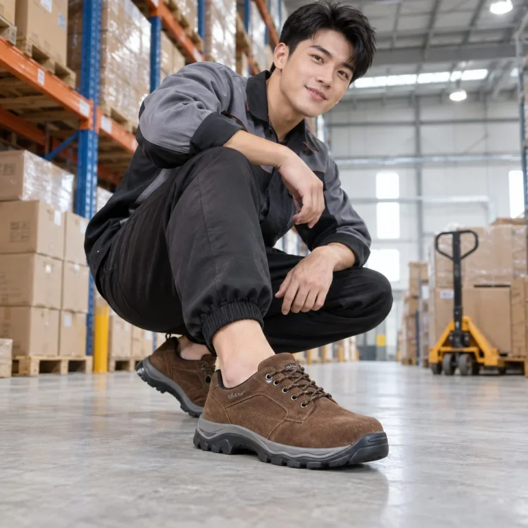 Giày bảo hộ cổ thấp ôm chân da lộn màu nâu chống trượt trên người mẫu Việt Nam