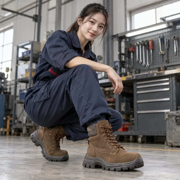 Giày bảo hộ cổ cao ôm chân da lộn màu nâu chống trượt trên người mẫu Việt Nam